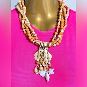 ASSEMBLAGE ART Necklace Beach Shells & Wooden Beads Multi Strand dangles 5348 O